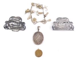 Various silver and other jewellery, an Edward VII silver buckle, in two sections with entwined scrol