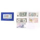 Various banknotes, one pound note O'Brien, A36170436, a Scottish one pound note, Charles Dickens, Ba