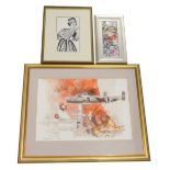 20thC Chinese School. Flowers, watercolour, signed, 25cm x 9cm, figure of a lady with fan, and Richa