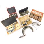 Various scientific instruments, a micrometer, Moore and Wright micrometer, cased, 24cm long, various