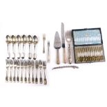 Various flatware, a set of six dessert spoons, fiddle pattern, marked Panama silver, 16cm long, vari