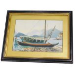 M. E. Naggio (fl.1891). Moored boat before mountains, watercolour, signed and dated, 17cm x 23cm.