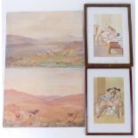 Max Ludby (1858-1943) Cattle and sheep in moorland scenes, watercolours, a pair, and two erotic prin