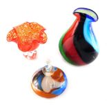 Various Mdina and other glassware, a flared vase in red and clear glass, 14cm high, perfume bottle w