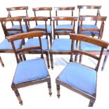 A set of ten mahogany dining chair in early 19thC style, each with a plain bar back, blue upholstere
