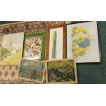 A watercolour landscape, Eastern embroidered picture, and various prints, etc.