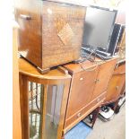 A monitor, computer, mahogany finish cabinet, sideboard, oak box, etc. (a quantity)
