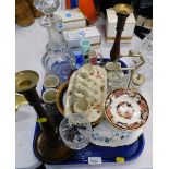 A collection of items, to include a pair of turned oak candlesticks, silver plated cruet, decanter a