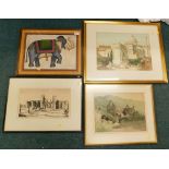 Various prints, pictures, etc., an Eastern elephant print, probably on material, vibrantly decorated