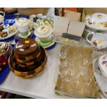 Various treen, biscuit barrel, bowl, Tamsware Glengarry part service, cheese dish, souvenir crested