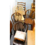 A collection of chairs, to include three Windsor chairs, stick back kitchen chair, ladderback open a