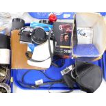 Various cameras, Vivitar hand camera, cased binoculars, Olympus OM10 camera partially boxed camera a