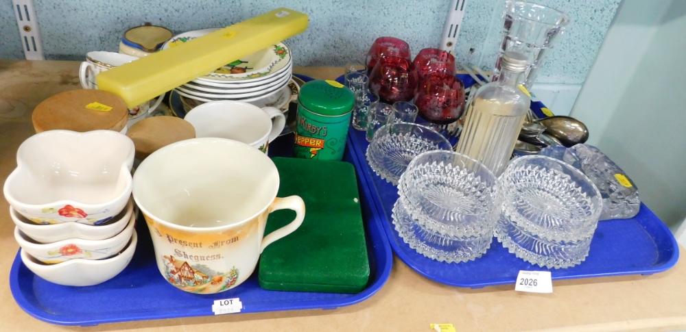 Miscellaneous items to include cut glass, plated cutlery, peach pattern dessert bowls, Skegness comm