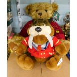 A Harrods 2005 plush jointed Teddy bear, wearing jumper and a Sea World Walrus Teddy bear.