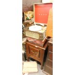 An Edwardian mahogany pedestal cabinet with deep drawer, Bush turntable, footstool, etc. (a quantity