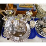 Various silver plated ware, a three piece tea service, four piece tea service, coffee pot, pair of d