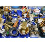 A table top brandy barrel with small bucket, hand magnifying glass, various brassware, canon bearing