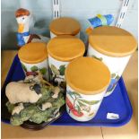 Various Portmeirion storage jars, Border Fine Arts sheep group and Beatrix Potter style figures. (1