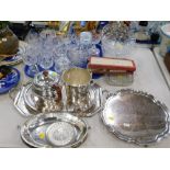 Various cut glassware, crystal drinking glasses, bowls, silver plated ware, teapot, serving trays, s