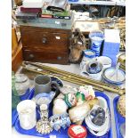 A brass fireside companion set, wooden box cabinet, various board games, soft toy, blue and white wa