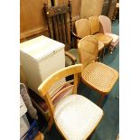 A quantity of furniture, to include three bentwood chairs, oak open armchair, chairs, linen basket.