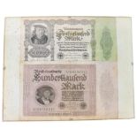 A framed Hunderttaufend bank note mark U0550441 10000 denomination, another German Rechsbankdirektor