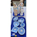 Various Wedgwood Blue Jasperware, heart shaped dish, lidded jar, etc. and various bisque porcelain f