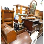 A mahogany bureau, Singer sewing machine, a dressing table mirror, lamp, etc.