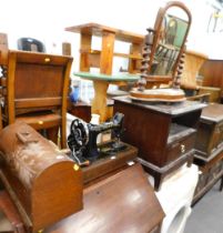 A mahogany bureau, Singer sewing machine, a dressing table mirror, lamp, etc.