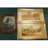 Two coaching print and an old master print, in heavily carved oak octagonal frame.