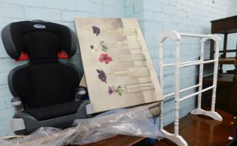 A collection of items, to include outdoor rug, Graco car seat, canvas print, towel rail, etc.