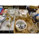 A pair of three branch electric lights, transfer printed chamber pot, various teaware, cut glass and