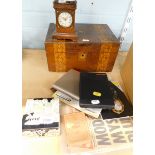 A miniature mantel clock, Daily Star, Chinese box, Kasparov miniature electronic chess game, walnut