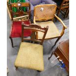 A purple upholstered Edwardian armchair, pair of bentwood chairs, nursing chair, sabre leg chair, an