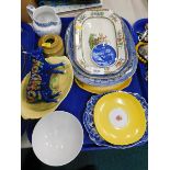 Various pottery and effects, a London Cow Parade pottery cow, Carltonware dish, miniature blue and w