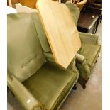 Two Parker Knoll style armchairs, a folding light oak table, and a rectangular mirror. The upholste