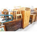 An oak bow fronted sideboard, stool, set of steps, rattan shelf, occasional table, bed tray and a sm