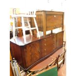 An oak blanket box, painted chair, mahogany finish dining suite, comprising sideboard, D end table a