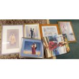 Ropetwist frame containing a modern print, various other prints, Vettriano modern print, another, mi