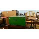 A green painted tool chest and two wine tables. (3)