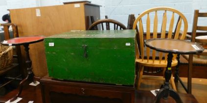 A green painted tool chest and two wine tables. (3)