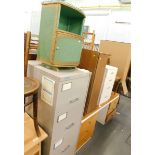 A four drawer filing cabinet, computer desk, Lloyd Loom style side cabinet, other office furnishings