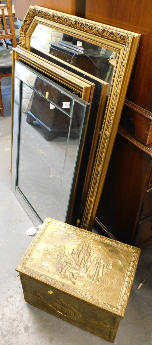 Various mirrors and a brass slipper box.