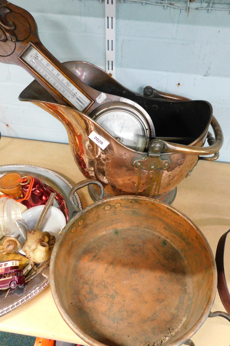 Various copper metalware and effects, banjo barometer, copper coal helmet and bowl with fixed handle