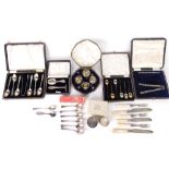 Various silver and silver plated ware, etc., cased cutlery, a miniature silver open salt set, teaspo