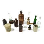 Victorian glass bottles, storage jars including Stephens blue black writing fluid and Tuxford & Tebb