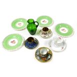 A group of late 19thC Continental porcelain cabinet cups and saucers, four New Chelsea tea plates, a