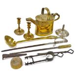 A Victorian brass watering can, pair of candlesticks, two pokers, further fire implements, etc. (a q