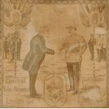 An early 20thC embroidery for the Franco British exhibition, dated 1908, depicting Edward VII and Pr