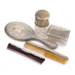 A group of dressing table related items, comprising a Victorian cut glass scent bottle with silver l